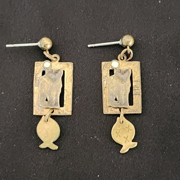 Vintage Brass/mixed metal Cat Pierced Earrings - Picture 3 of 4